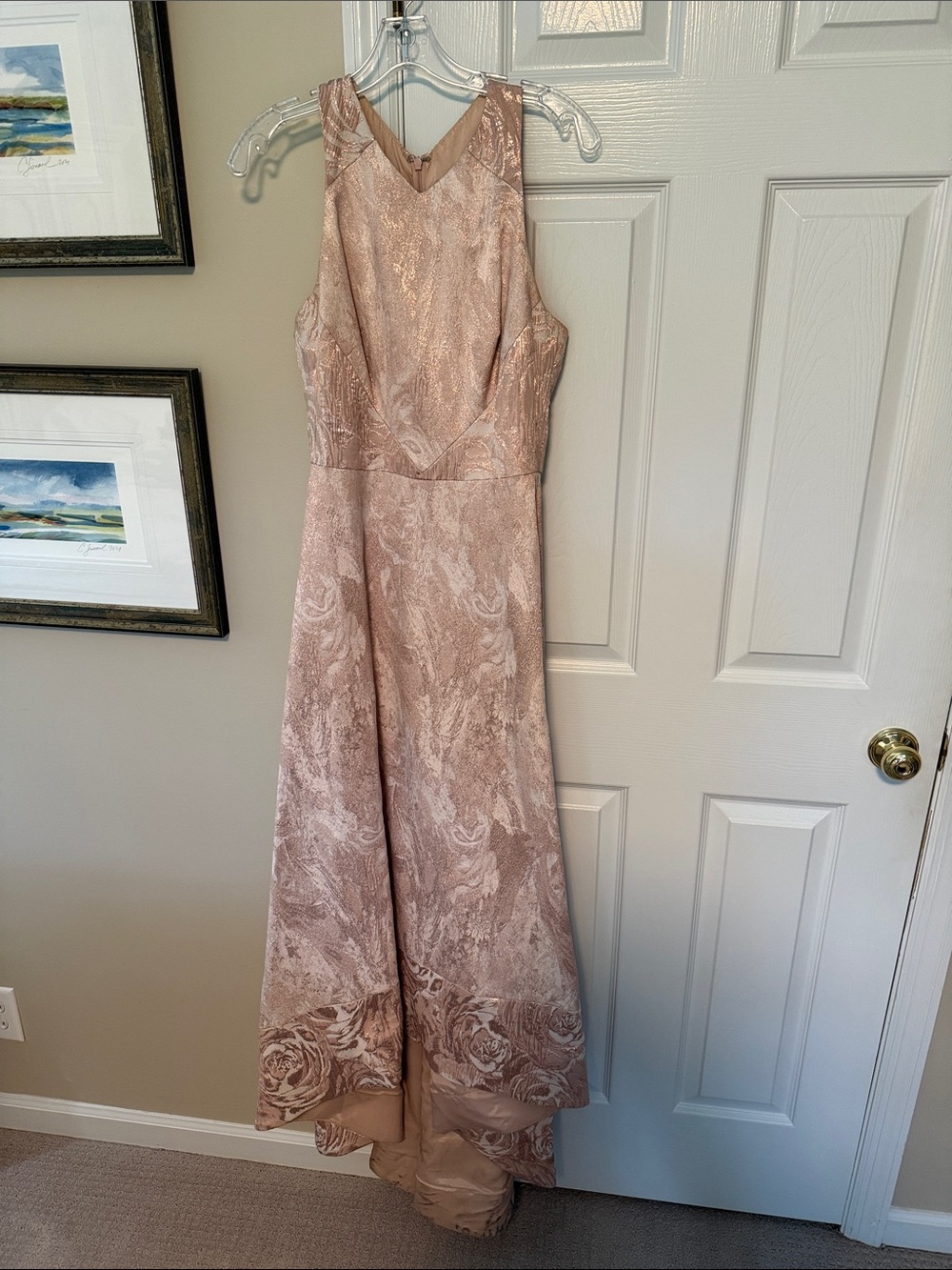 Theia Metallic Rose Gold Jacquard Prom Gown